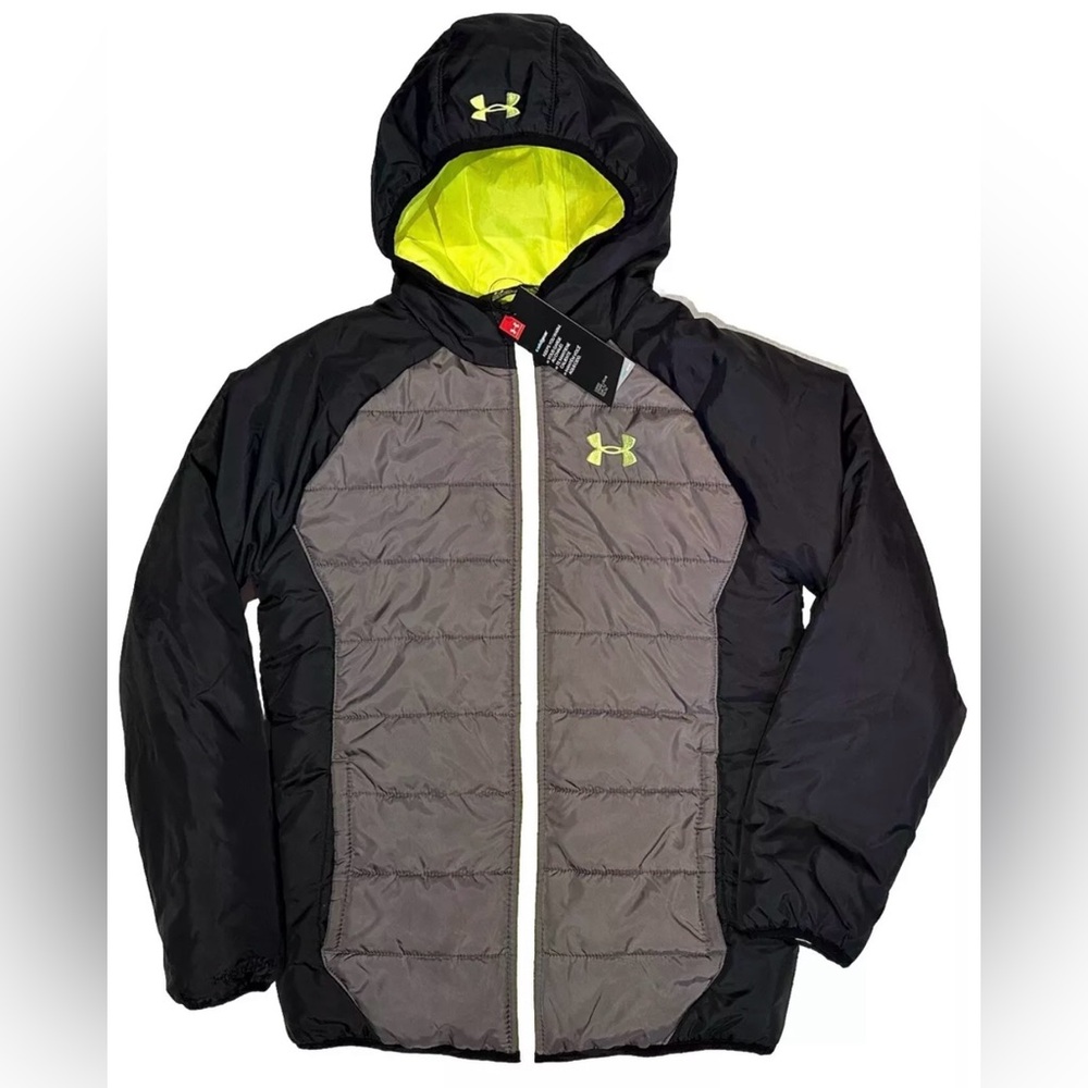 SZ BOYS M UNDER ARMOUR COAT PUFFER QUARTERED NEON BLACK GRAY COLDGEAR NEW